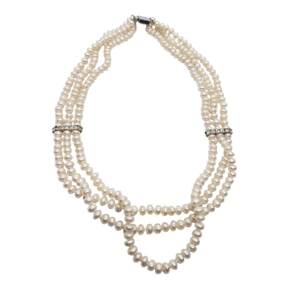 Freshwater Pearl Necklace 3 Strand White Rhinestone Spacers Silver Tone Layered - Picture 2 of 15